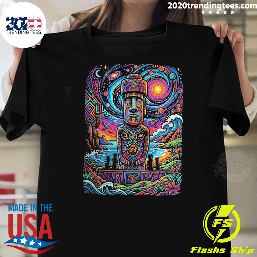 Psychedelic Moai Statue Easter Island Graphic Tee Shirt
