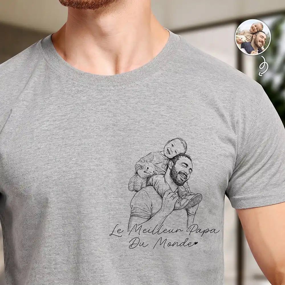 Photo Personnalisée Croquis Au Crayon Photo Personnalisée Croquis Au Crayon Meilleur Papa Du Monde Portrait De Famille - T-Shirt Personnalisé