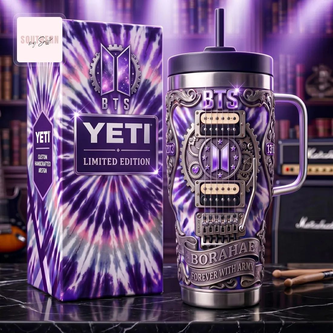 BTS YETI Limited Edition Purple Tie-Dye Guitar Design Tumbler
