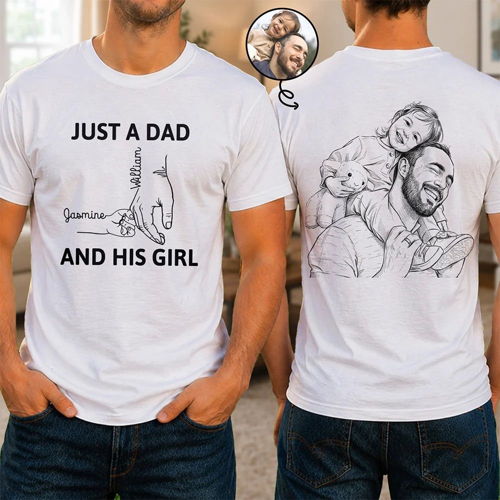 Custom Photo Pencil Sketch Portrait A Dad And His Girls Multiple - Personalized T Shirt
