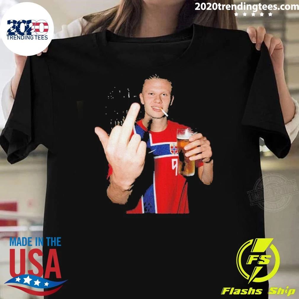 Erling Haaland Norwegian National Soccer Drinking Beer Middle Finger Shirt