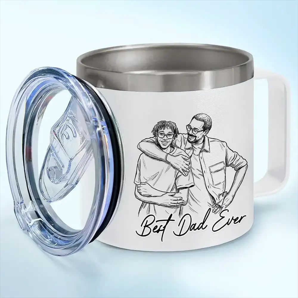 Custom Photo Bold Sketch Best Dad Grandpa Ever Family Portrait - Personalized 14oz Stainless Steel Tumbler With Handle