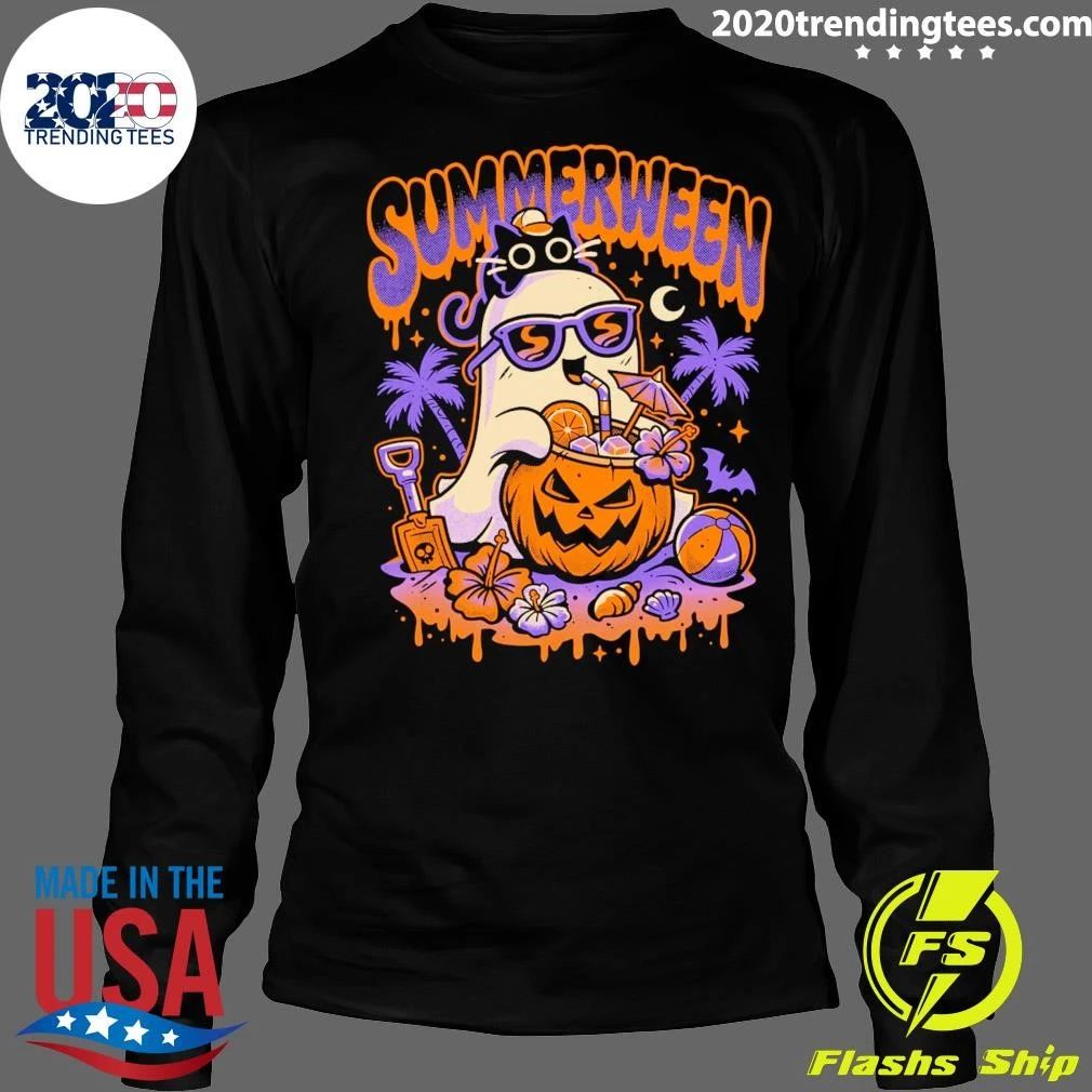 Spooky Summerween Ghost and Cat Beach Day Shirt