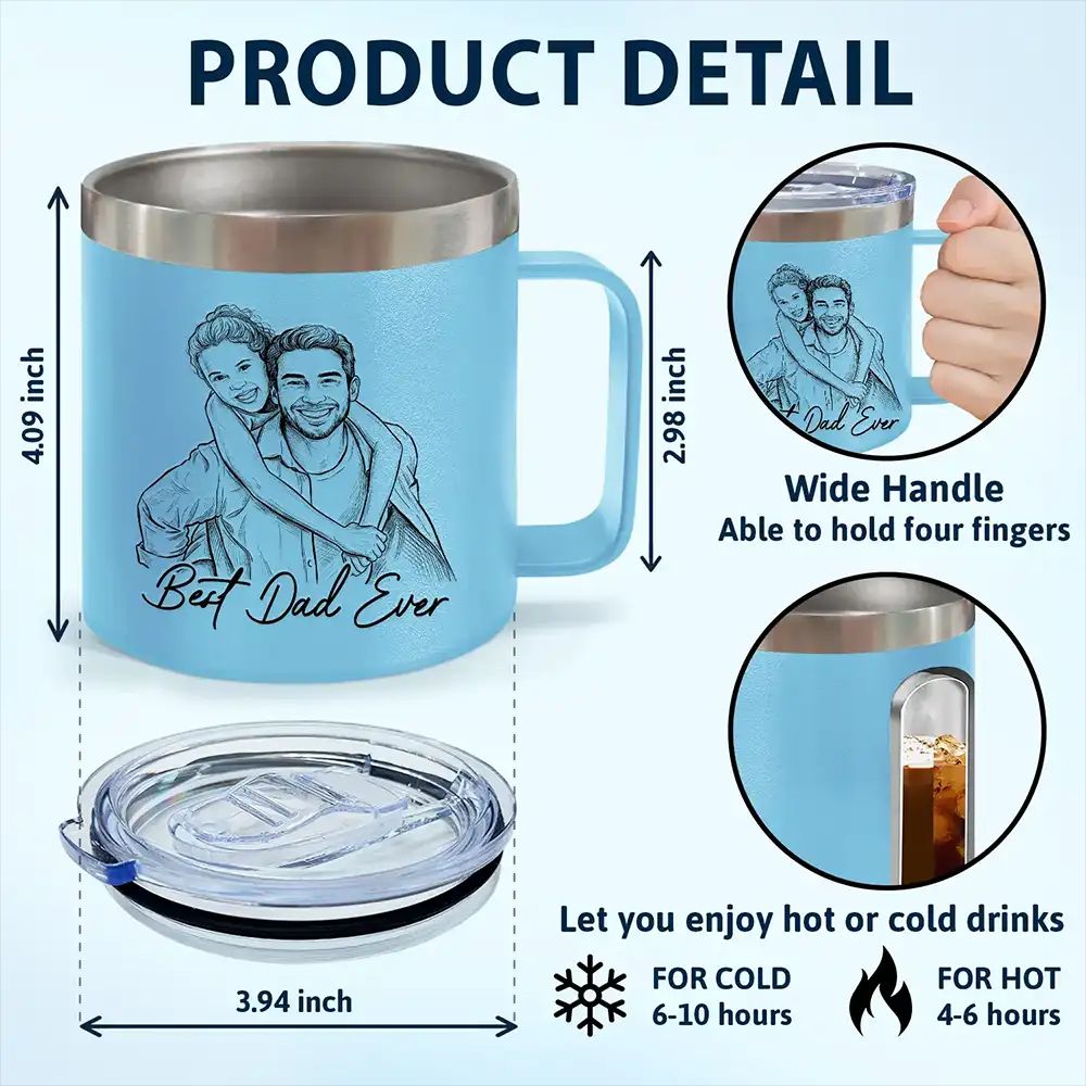 Custom Photo Bold Sketch Best Dad Grandpa Ever Family Portrait - Personalized 14oz Stainless Steel Tumbler With Handle
