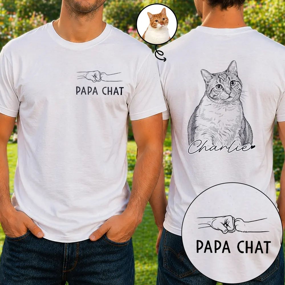 Photo Personnalisée Croquis Au Crayon Photo Personnalisée Croquis Au Crayon Papa Chat Papa Chien Mama Chat Mama Chien - T-Shirt Personnalisé