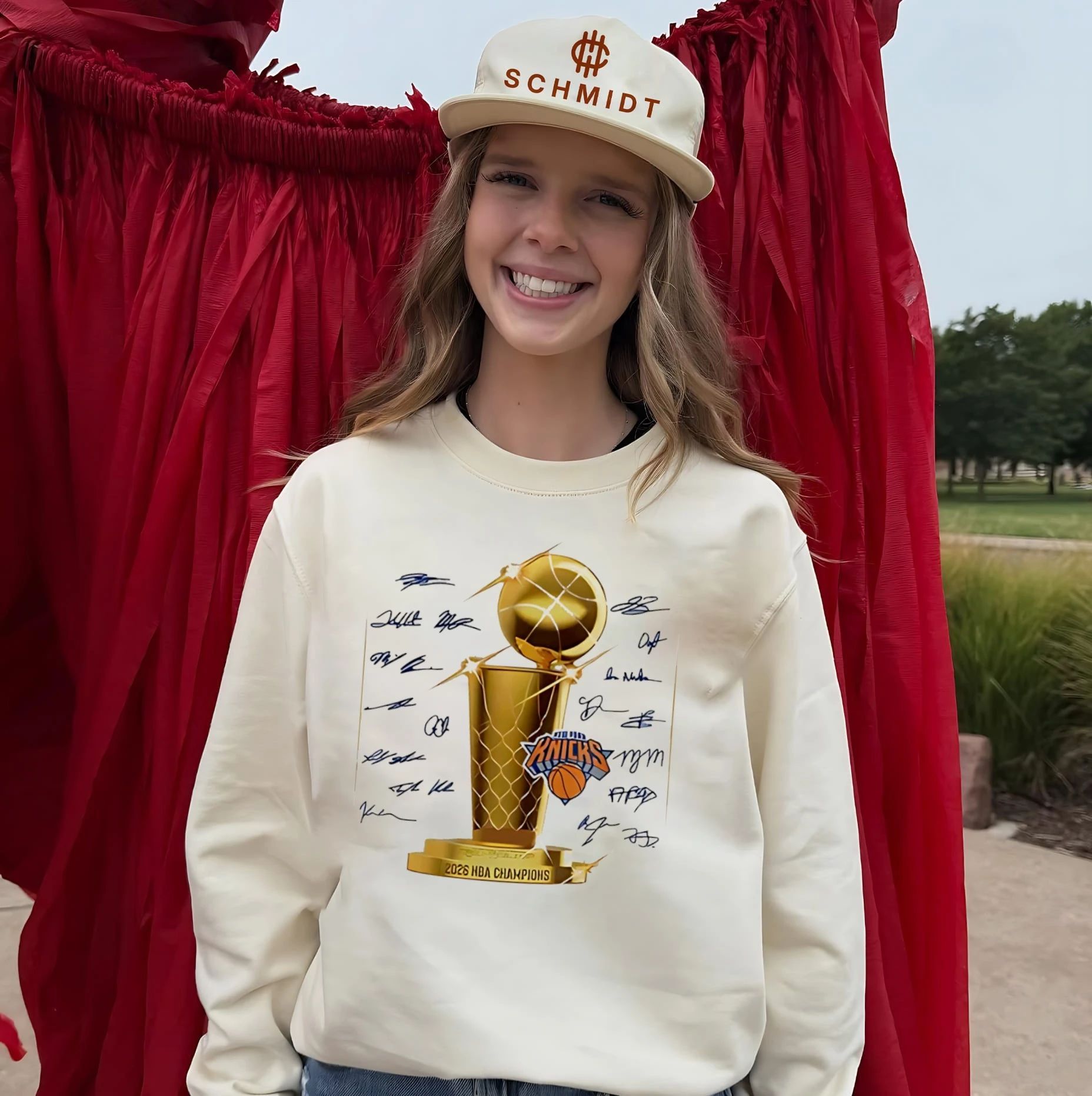 New York Knicks 2026 NBA Champions trophy team members signature shirt