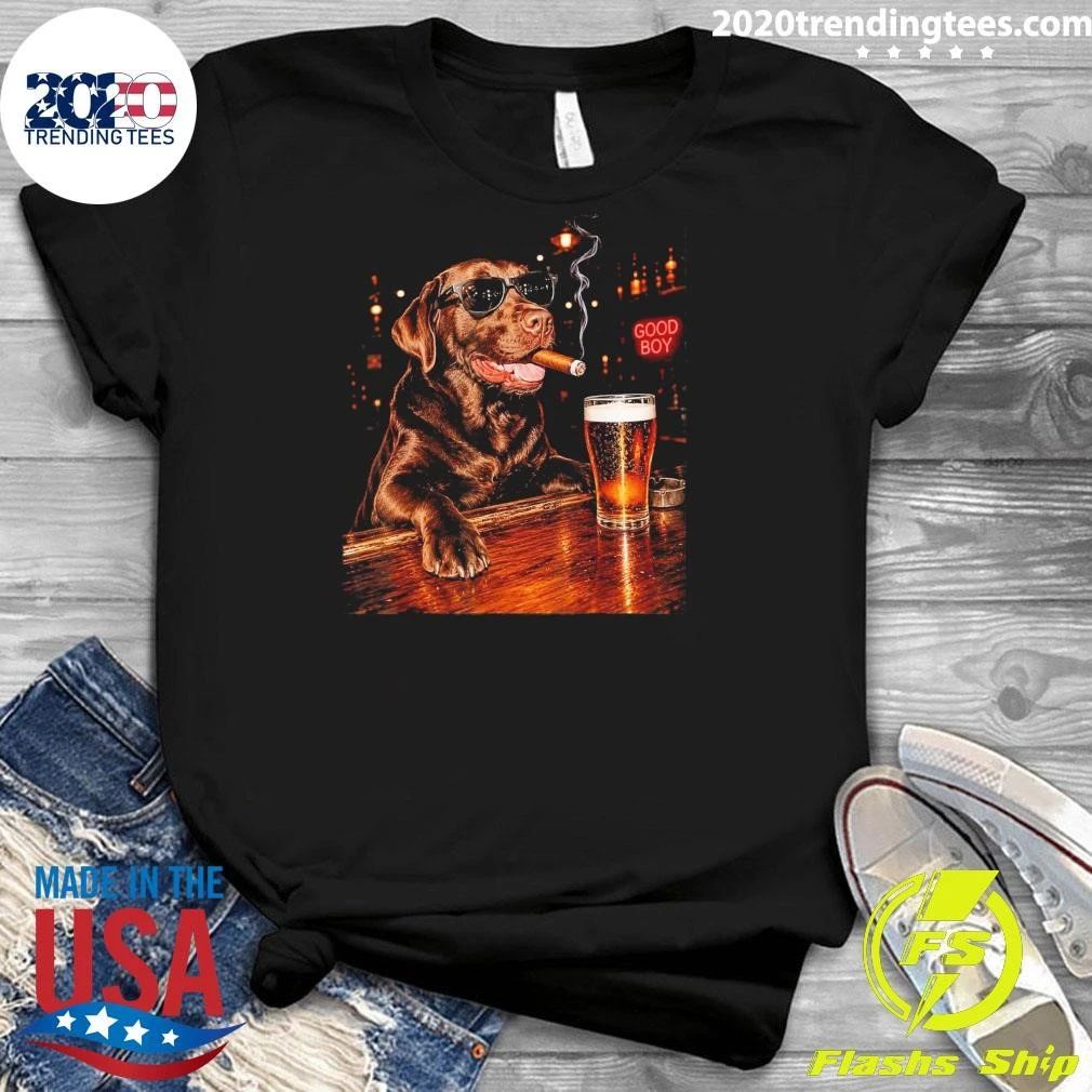 Silly Chocolate Labrador Retriever Drinking Beer Cigar Dog Good Boy Shirt