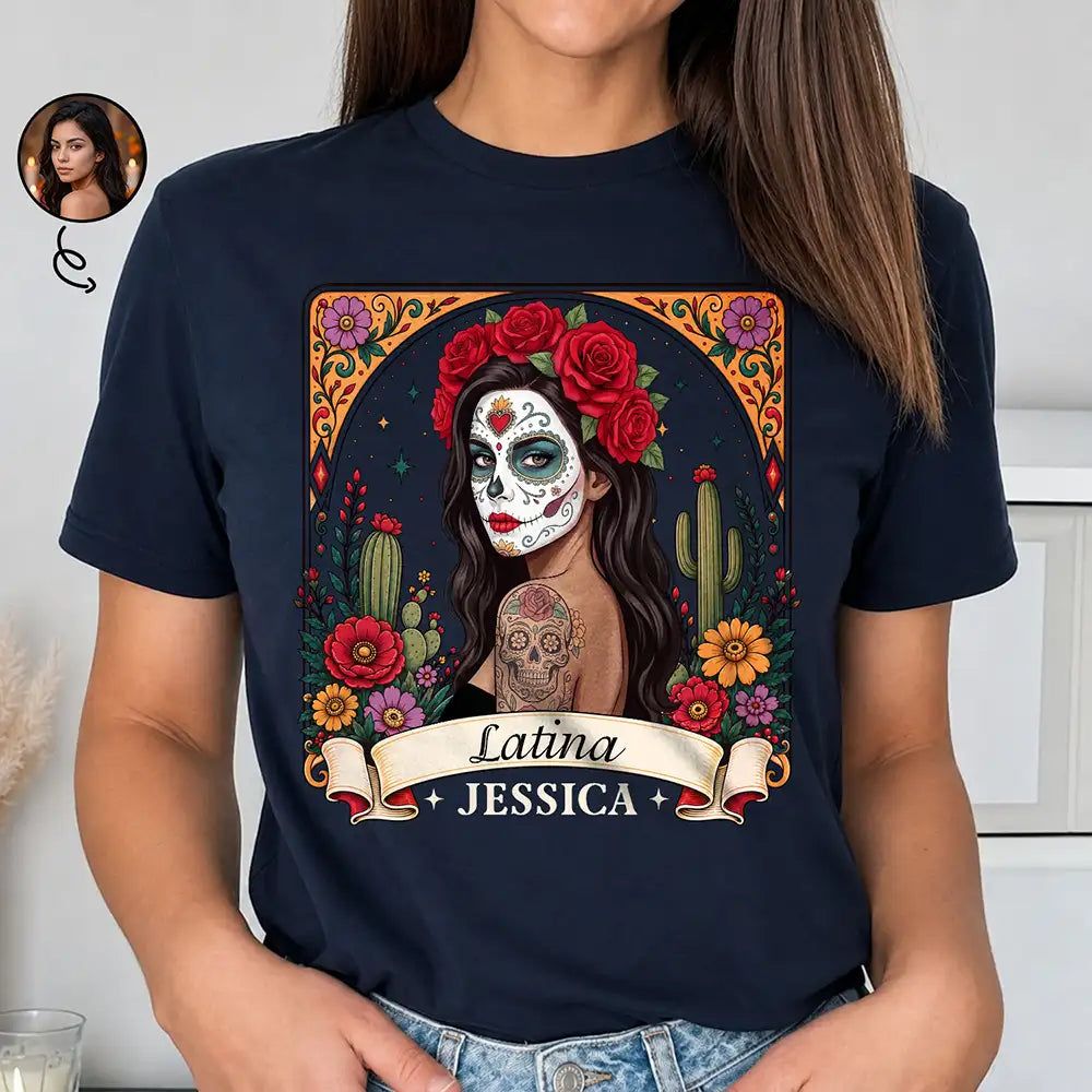 Custom Photo Sugar Skull Day Of The Dead Funny Mexican Hispanic - Personalized T Shirt