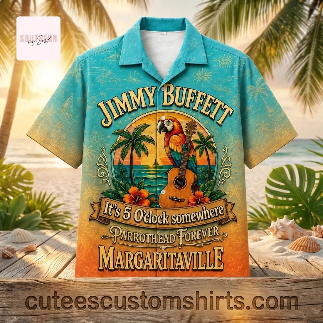 Jimmy Buffett Margaritaville Parrothead Tropical Sunset Beach Hawaiian Shirt