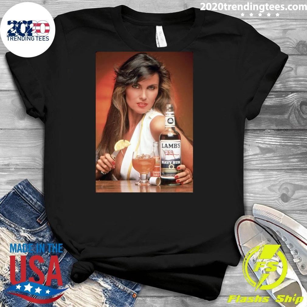Caroline Munro Lamb’s Navy Rum Advertising Poster with Classic Cocktail and Retro Model Vintage Shirt