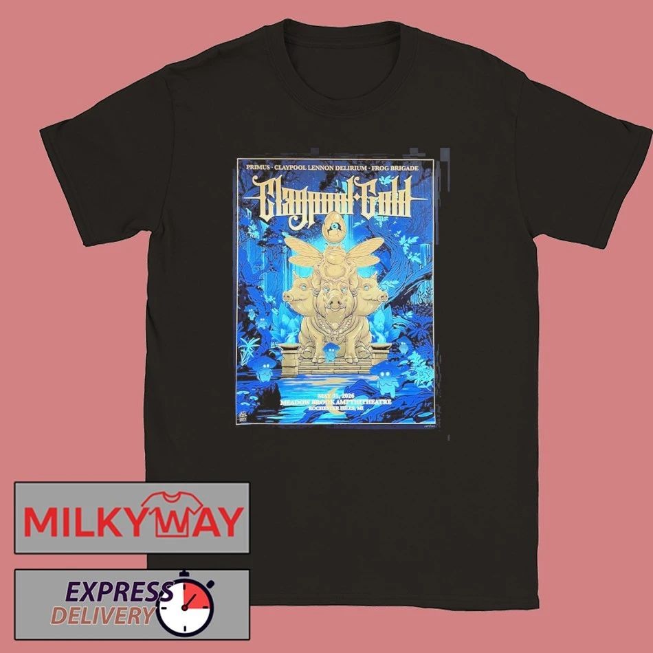 Claypool Gold Primus Claypool Lennon Delirium And Frog Brigade Rochester Hills Michigan 2026 Venue Poster At Meadow Brook Amphitheatre On May 31 2026 T-Shirt