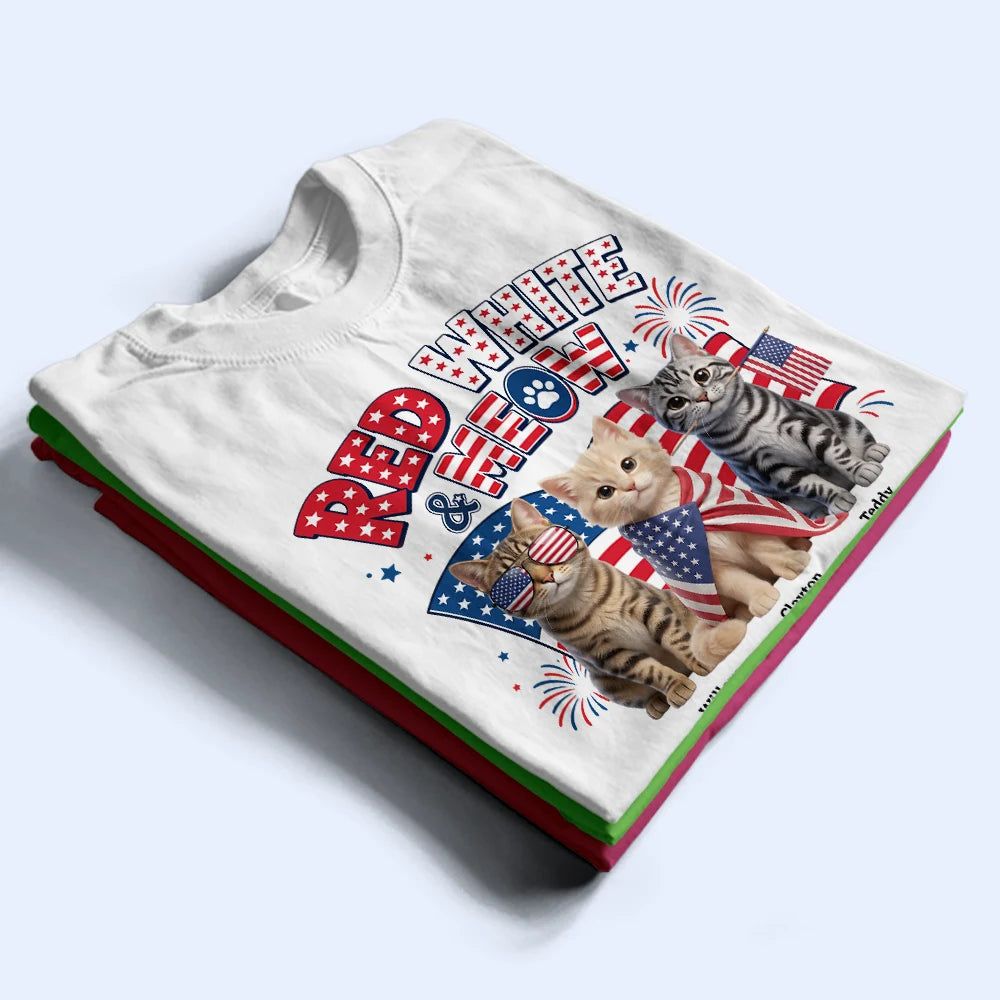 Custom Photo 3D Cartoon With US Accessories Red White Meow - Personalized T Shirt