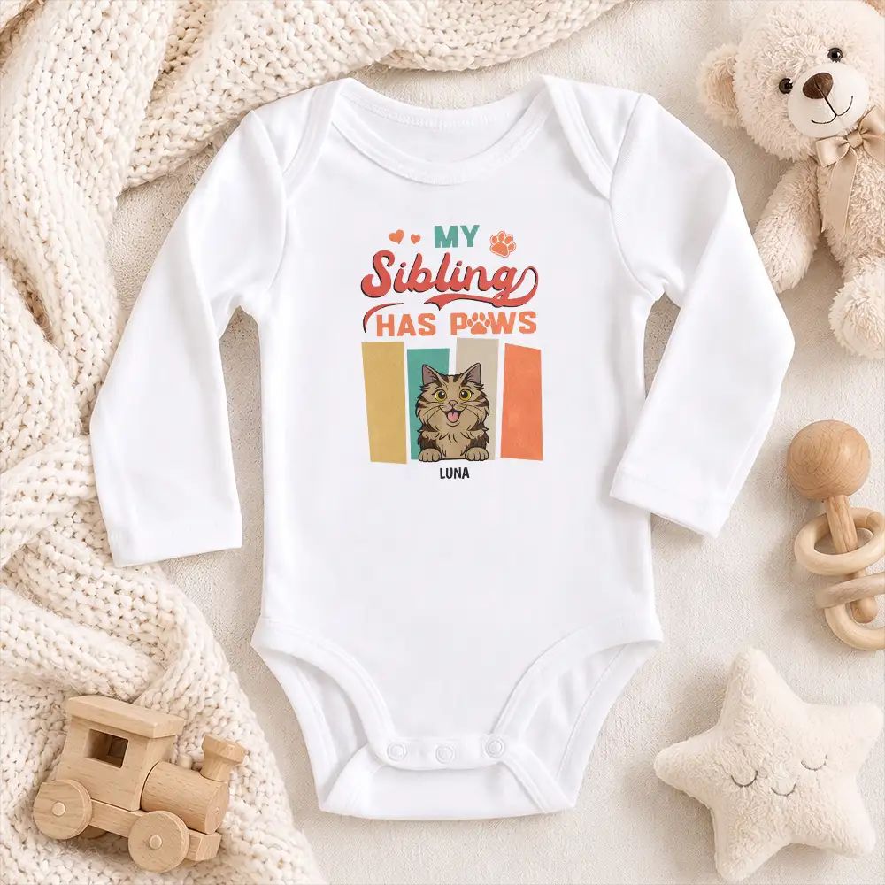 Retro Dogs Cats Siblings Have Paws - Personalized Baby Onesie
