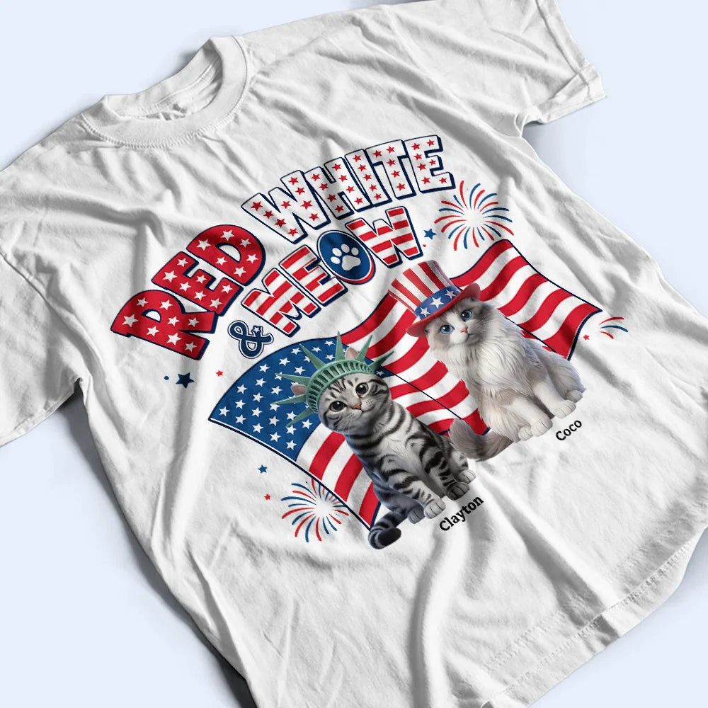 Custom Photo 3D Cartoon With US Accessories Red White Meow - Personalized T Shirt