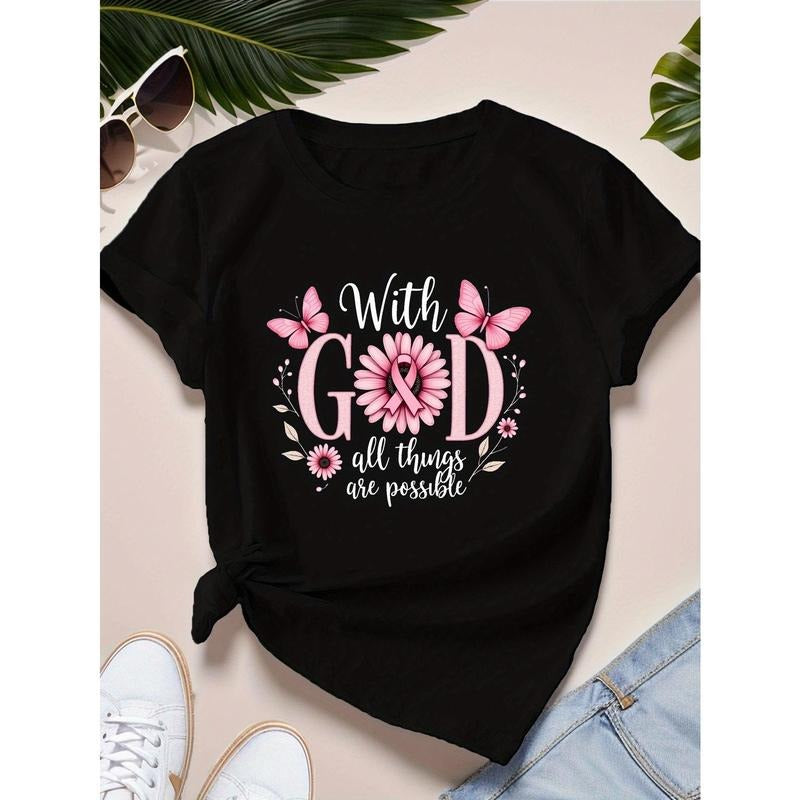 "with God All Things Are Possible" Women's T-Shirt - Inspirational Quote with Floral & Butterfly Design, Casual Short Sleeve, Round Neck, Cotton, Machine Washable, Casual Wear|Round Neck Top